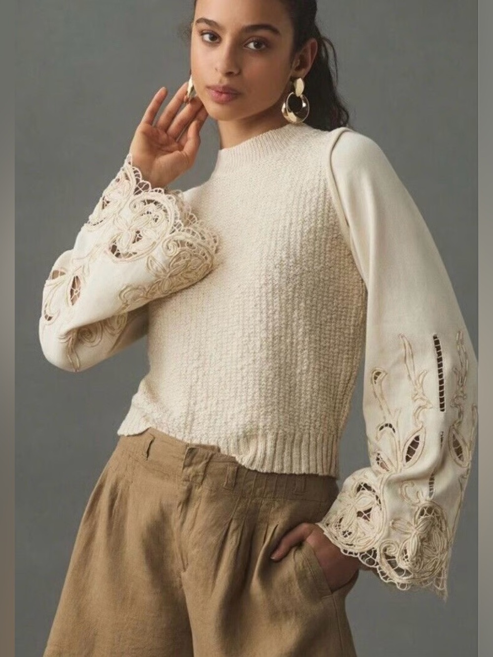 NWT Size XS -Anthropologie Cotton Embroidered Eyelet Twofer Sweater (US$ 128)